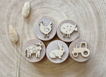 Sellos madera juego sensorial infantil con plastilina, granja.