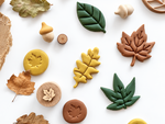 Hojas con plastilina natural infantil, moldes biodegradables otoño. wood claro y colores