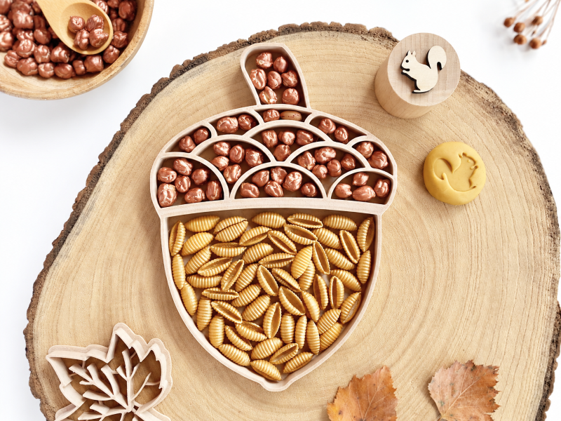 Bandeja sensorial de otoño, bellota, juego infantil wood claro wood medio